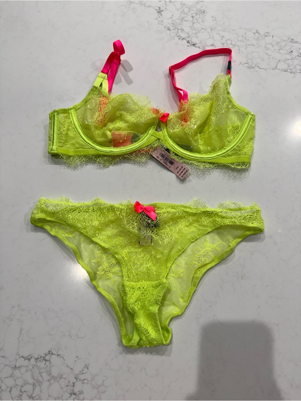 Victoria's Secret Neon Yellow Lace Bra & Bikini Set with Hot Pink Accents